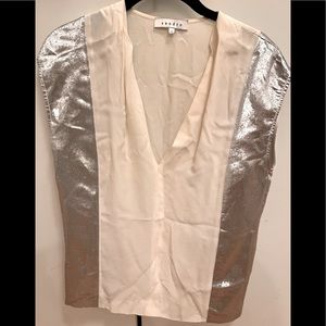 White silk top with metallic silver panels